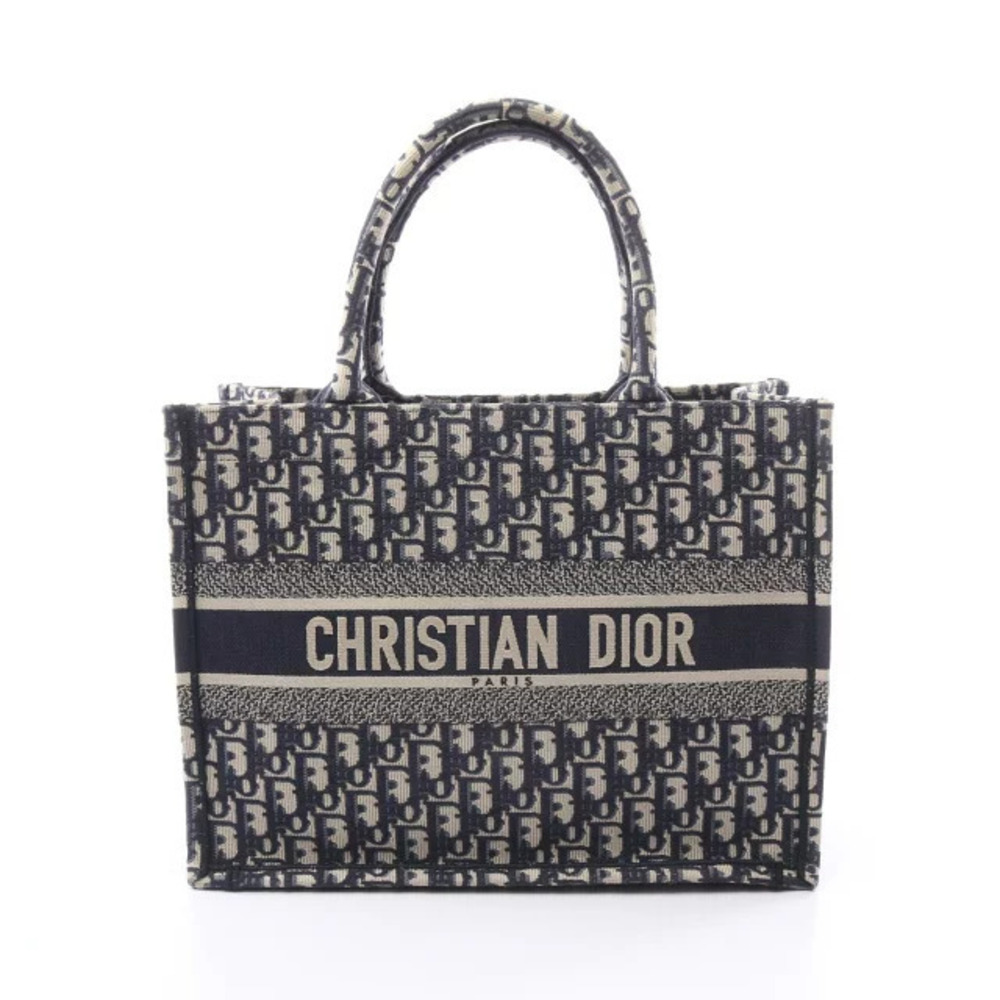 Christian Dior BOOK TOTE Oblique Embroidery Bag Canvas Navy Blue Beige Cream
